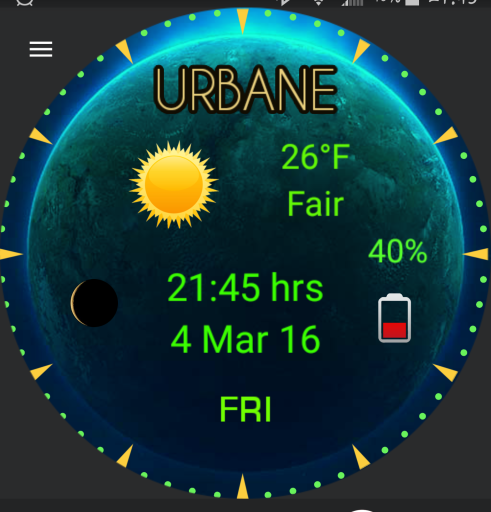 Earth, Moon phase, temperature degrees and icons & battery icon & %, digital time and day, date