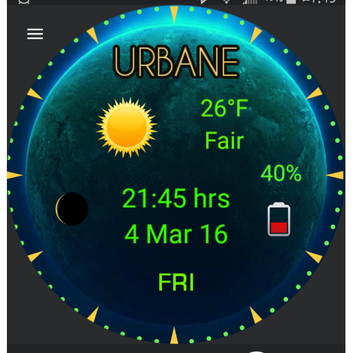 Earth, Moon phase, temperature degrees and icons & battery icon & %, digital time and day, date